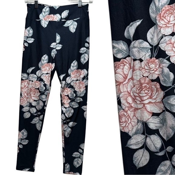 New LulaRoe OS Soft Leggings One Size  2-10 Small-Large Floral Roses Pink Black - Picture 1 of 12